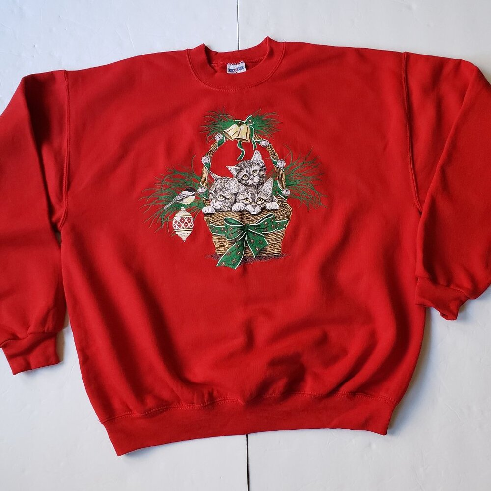 Jerzees Vintage 90's Christmas Cats Kittens In Basket Red Sweatshirt